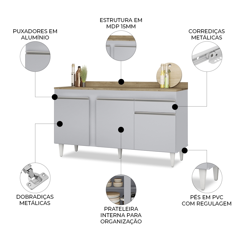 Balcão de Cozinha Para Pia Com Tampo 150cm Dakota Cinza Claro/Castanho - Lumil