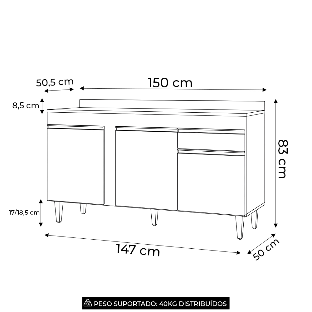Balcão de Cozinha Para Pia Com Tampo 150cm Dakota Cinza Claro/Castanho - Lumil