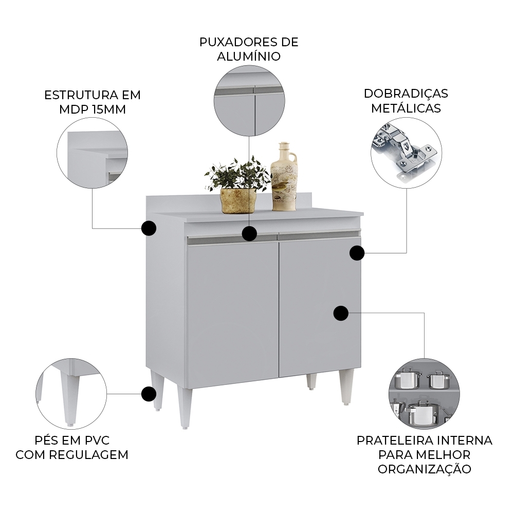 Balcão de Cozinha Multiuso 80cm 2 Portas Hawai Cinza Claro  - Lumil