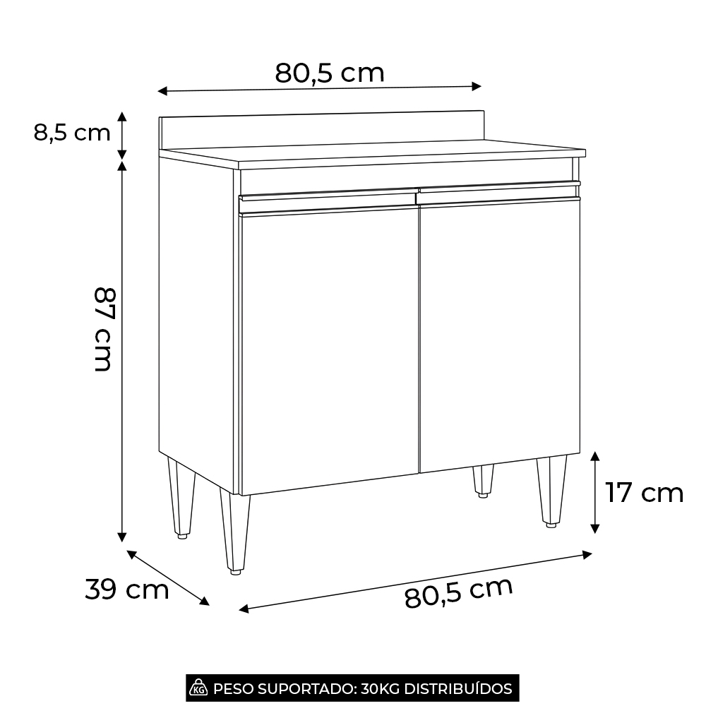 Balcão de Cozinha Multiuso 80cm 2 Portas Hawai Cinza Claro  - Lumil