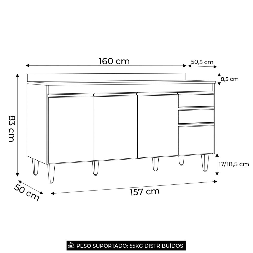 Balcão de Cozinha Para Pia Com Tampo 160cm Arkansas Cinza Claro/Castanho - Lumil