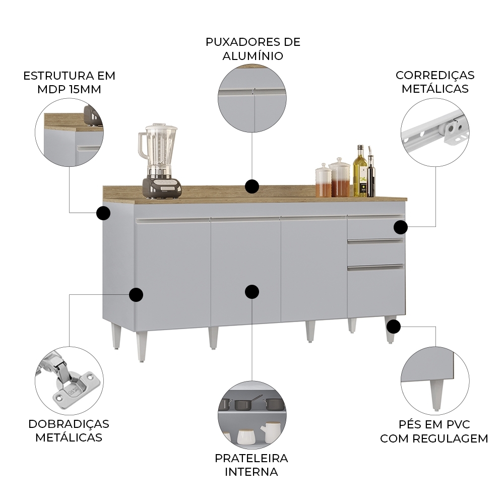 Balcão de Cozinha Para Pia Com Tampo 160cm Arkansas Cinza Claro/Castanho - Lumil