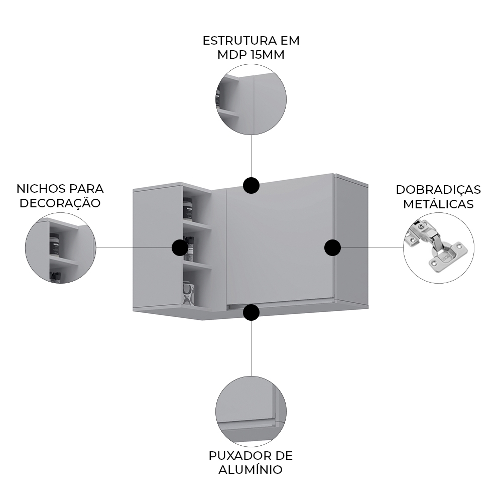 Armário de Cozinha Aéreo Canto Reto Com Nicho Austin Cinza Claro - Lumil