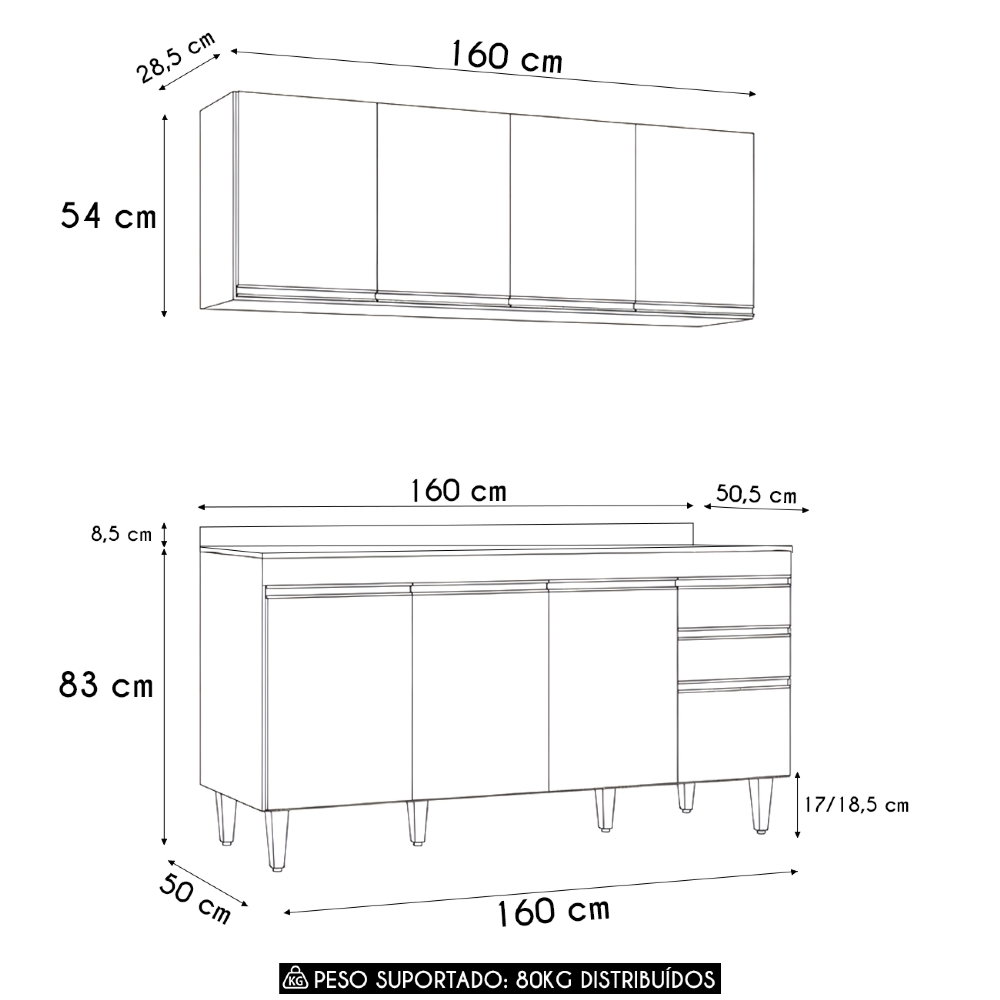 Armário Cozinha e Balcão Com Tampo 160cm Arkansas Cinza Claro/Castanho - Lumil