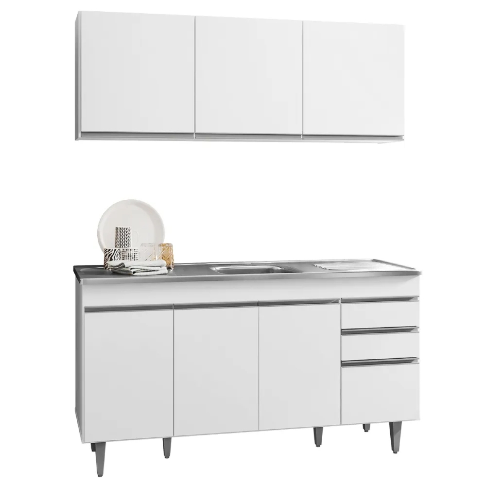 Armário Aéreo Argélia e Balcão Gabinete com Pia Inox Marrocos 150cm Branco - Lumil Móveis