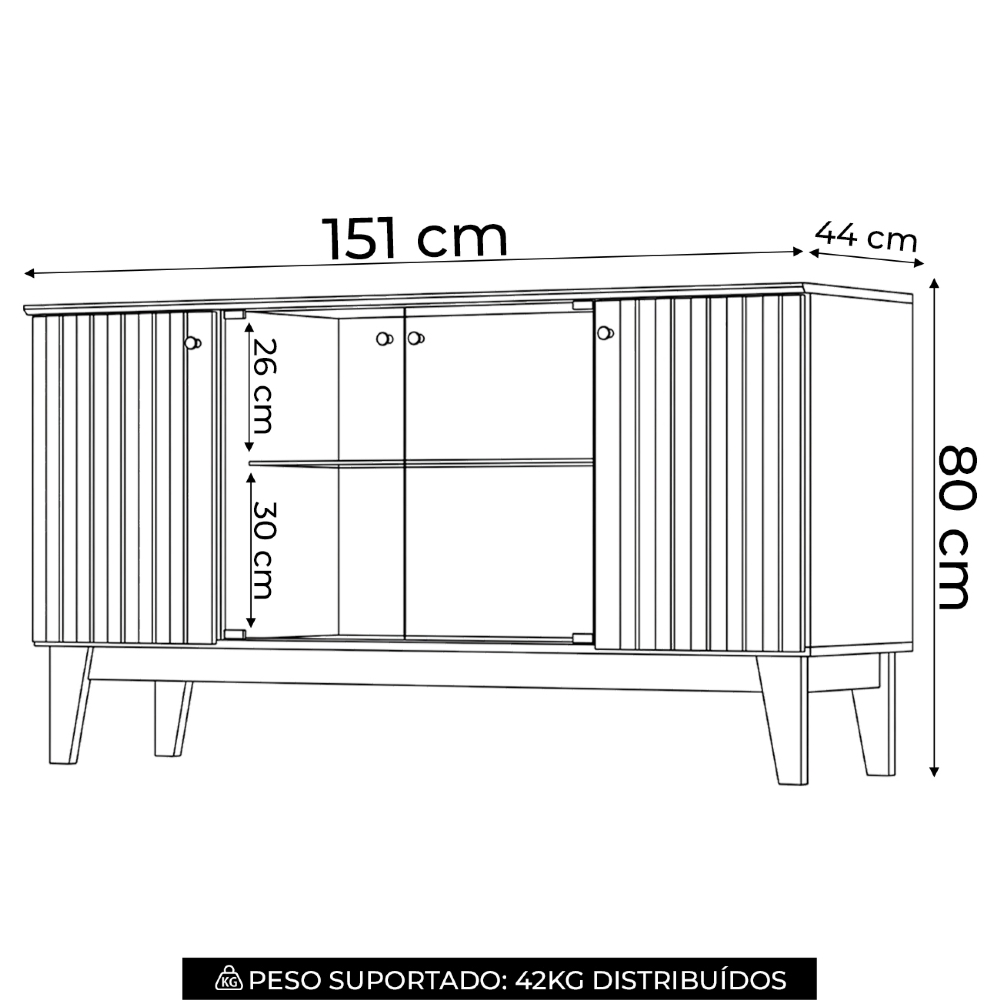 Buffet Aparador 150cm 4 Portas Pés Retrô Krono Off/Nature H02 - Mpozenato