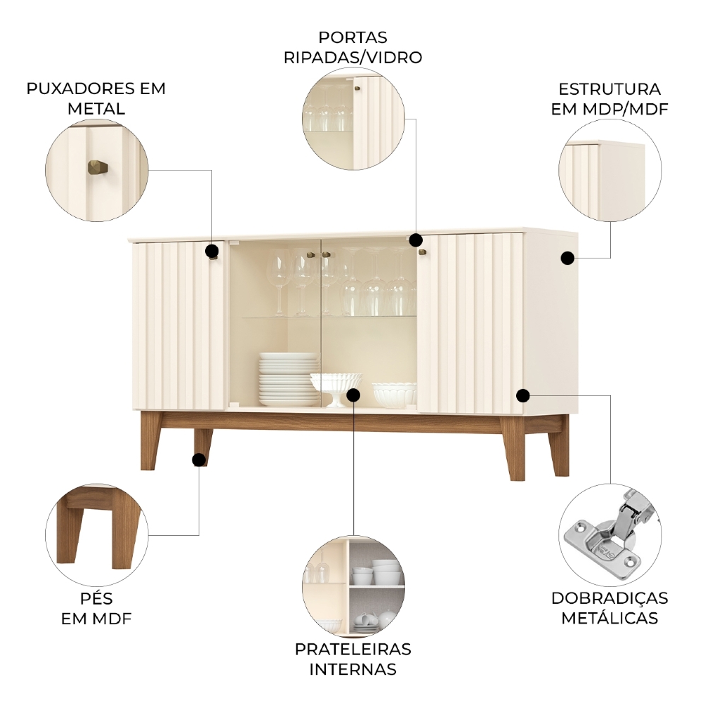 Buffet Aparador 150cm 4 Portas Pés Retrô Krono Off/Nature H02 - Mpozenato