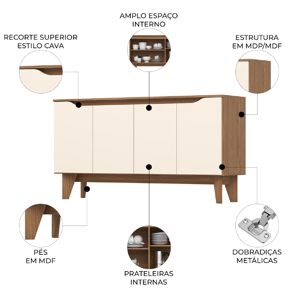 Buffet Aparador 150cm 4 Portas Pés Retrô Delar Nature/Off H02 - Mpozenato