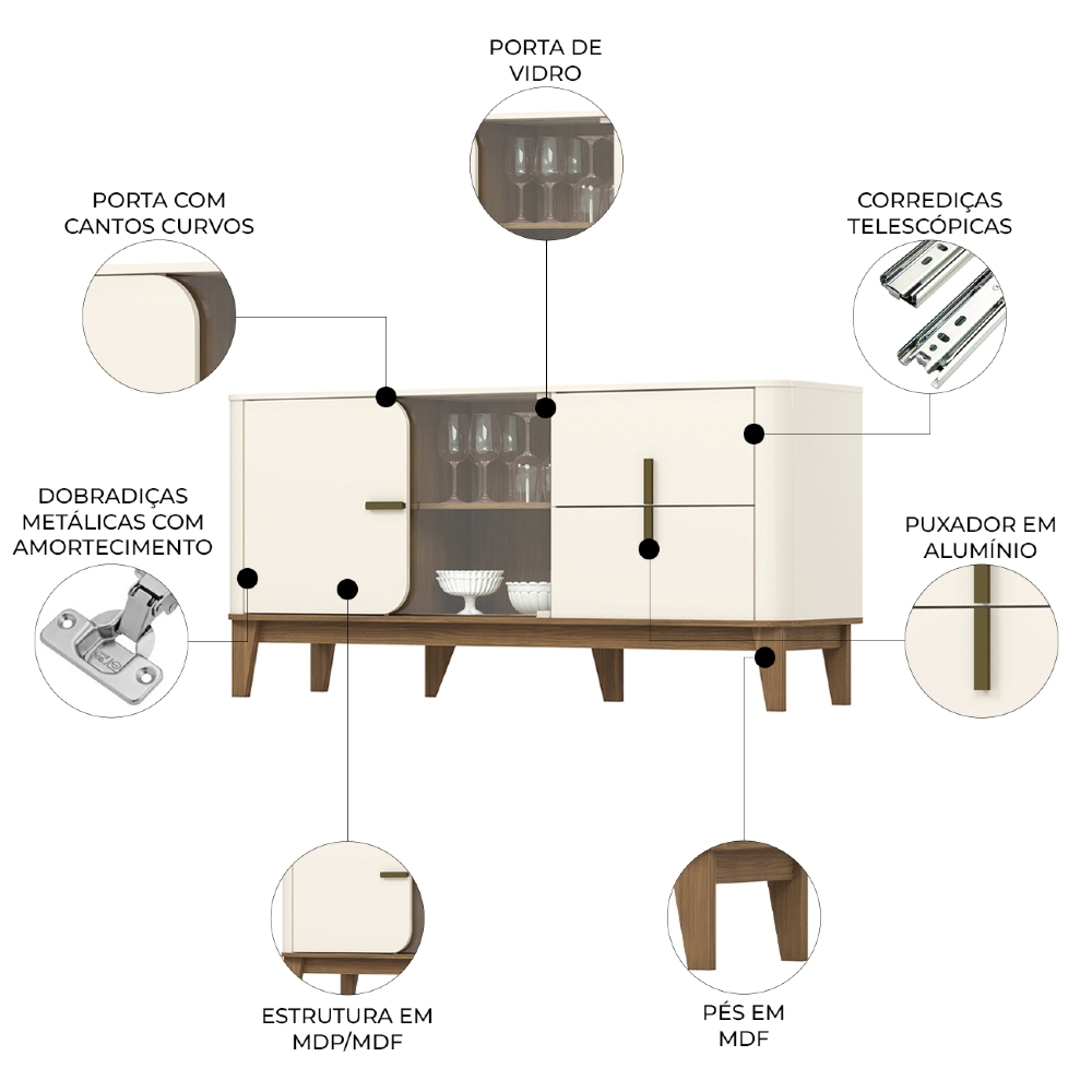 Buffet Aparador 165cm 2 Portas 2 Gavetas Taron Off/Nature H02 - Mpozenato