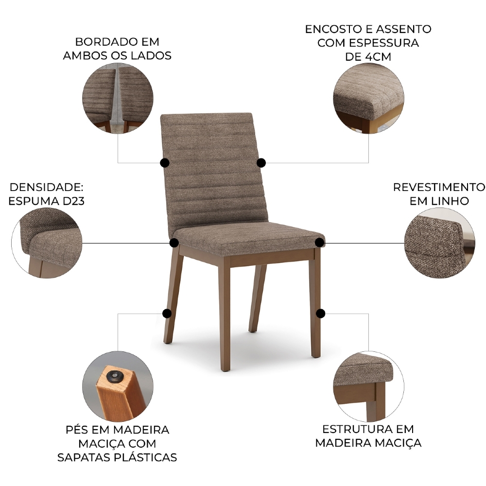Cadeira Jantar Estofada Pé Madeira Kit 4 Liora Linho Cacao H02 - Mpozenato