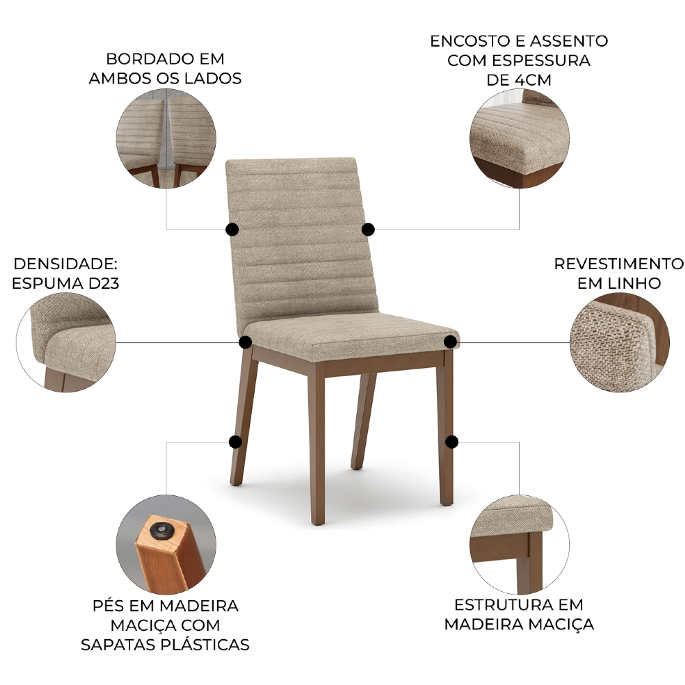 Cadeira Jantar Estofada Pé Madeira Kit 4 Liora Linho Creme H02 - Mpozenato
