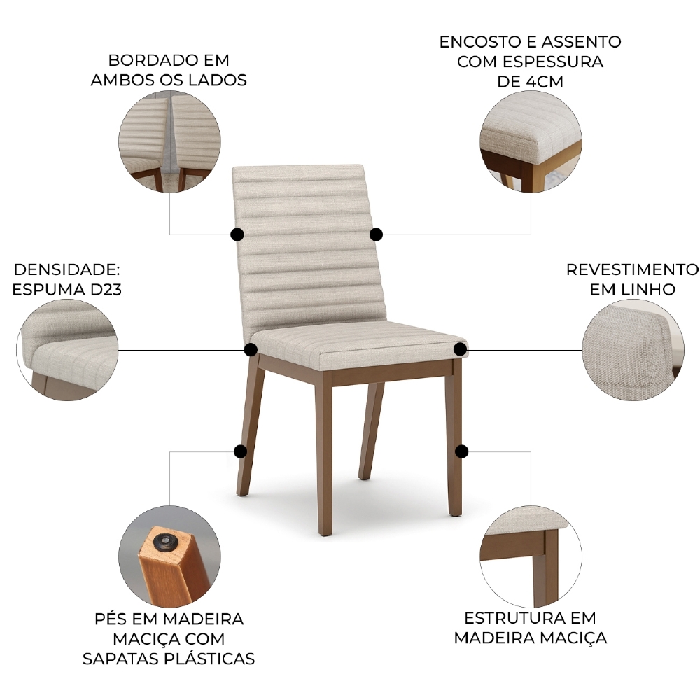 Cadeira Jantar Estofada Pé Madeira Kit 6 Liora Linho Bege H02 - Mpozenato