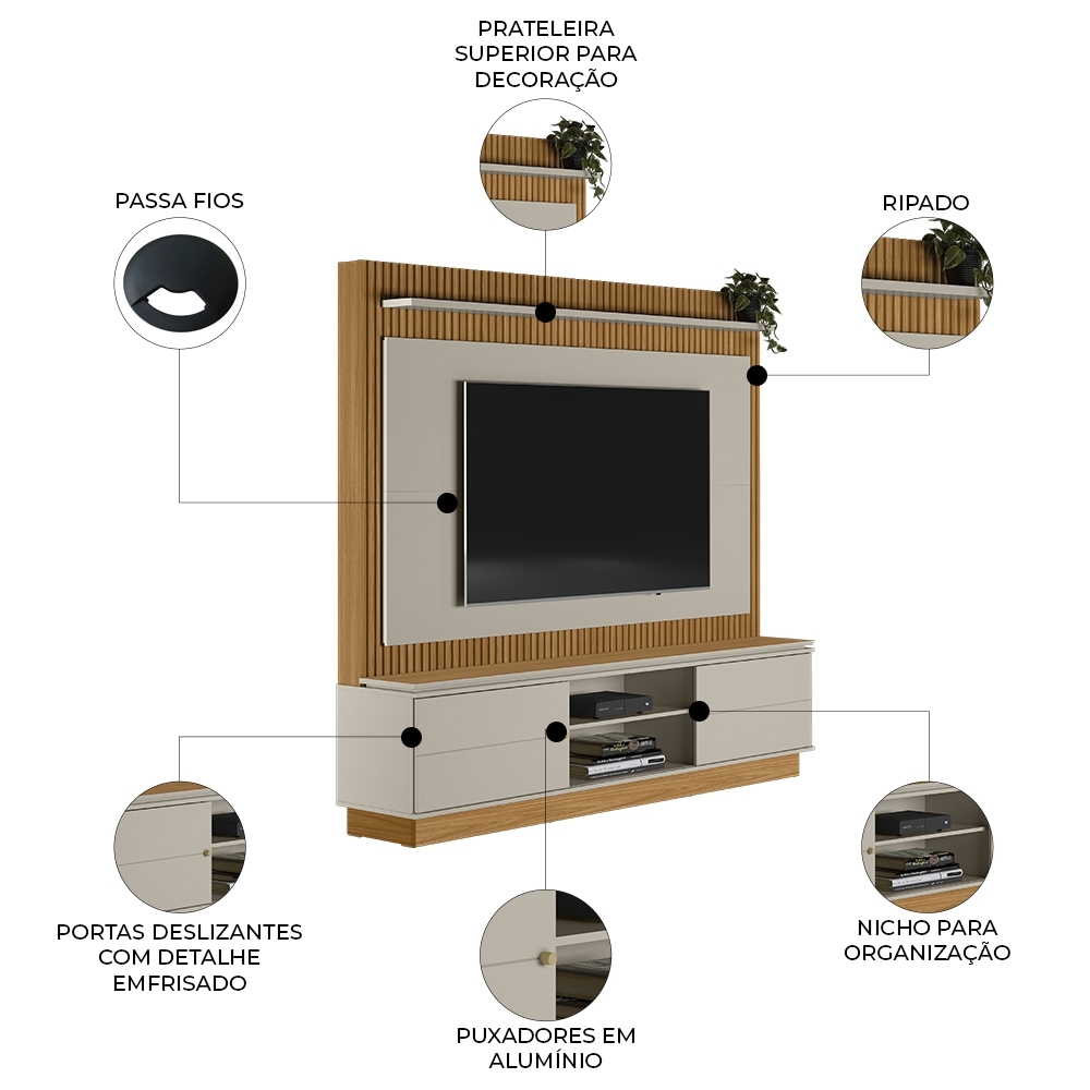 Estante Painel Para TV 75 Pol 215cm Guape Nature/Off L06 - Mpozenato