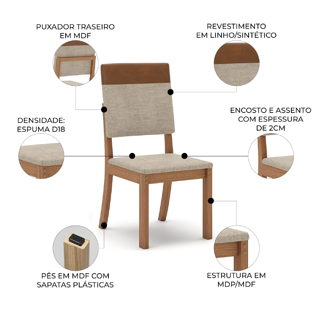 Cadeira Jantar Estofada Pé Madeira Kit 6 Maelis Veludo Creme/Caramelo H02 - Mpozenato