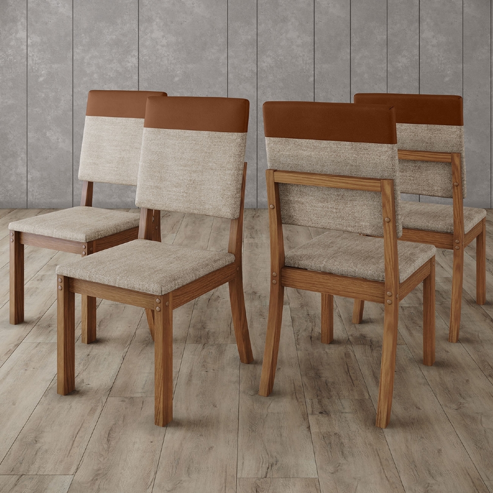 Cadeira Jantar Estofada Pé Madeira Kit 6 Maelis Veludo Creme/Caramelo H02 - Mpozenato