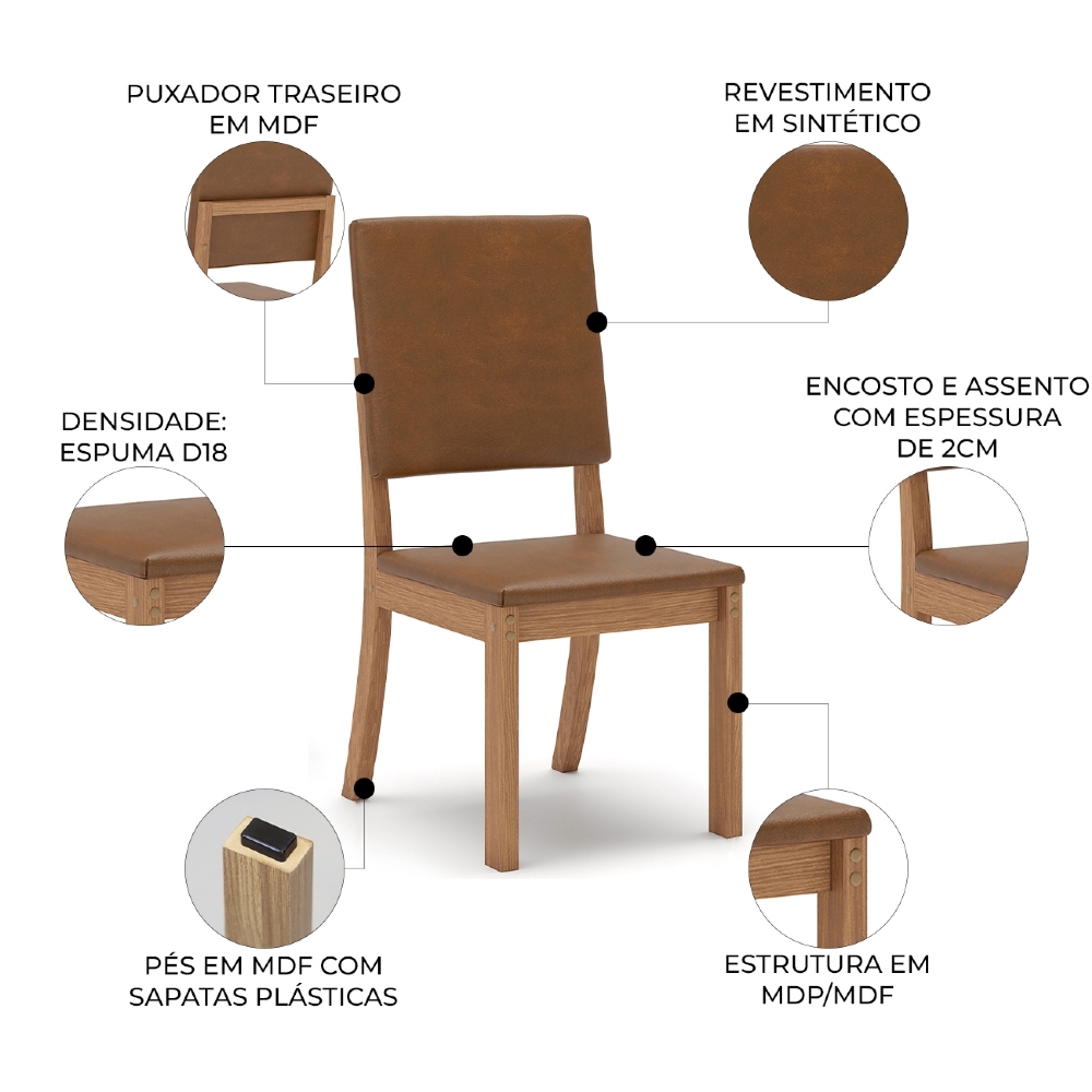 Cadeira Jantar Estofada Pé Madeira Kit 4 Maelis Sintético Caramelo H02 - Mpozenato