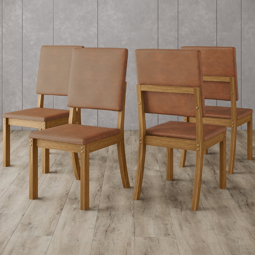 Cadeira Jantar Estofada Pé Madeira Kit 6 Maelis Sintético Caramelo H02 - Mpozenato