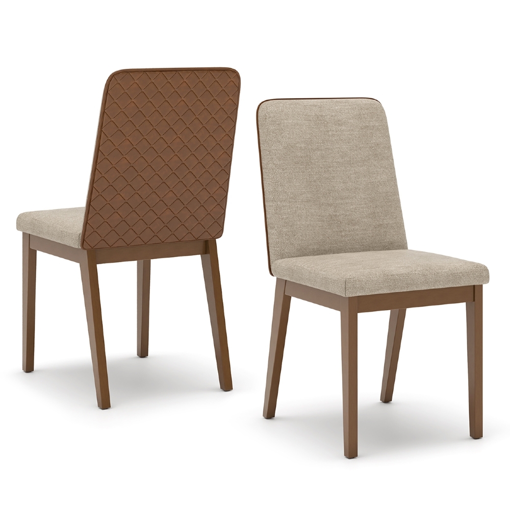 Cadeira Jantar Estofada Pé Madeira Kit 2 Calie Linho Creme/Caramelo H02 - Mpozenato