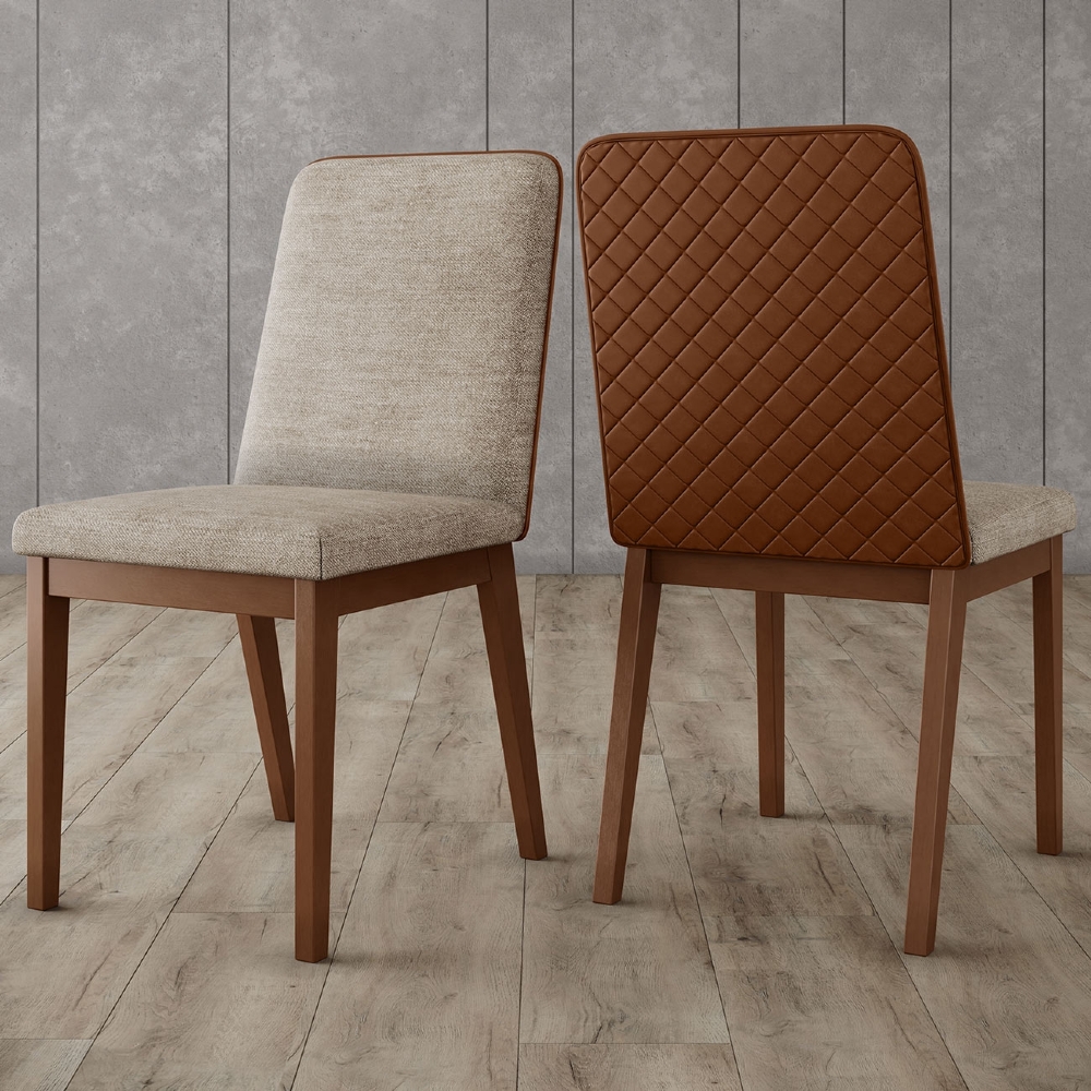 Cadeira Jantar Estofada Pé Madeira Kit 6 Calie Linho Creme/Caramelo H02 - Mpozenato