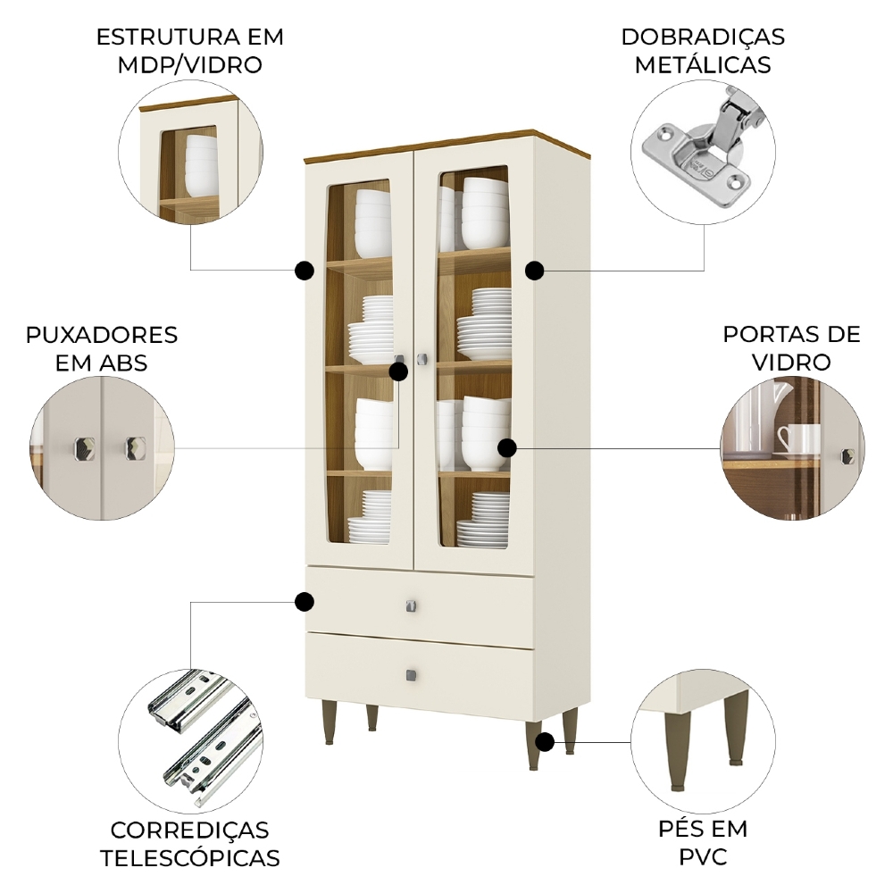 Cristaleira Porta de Vidro 80cm Pés Palito Raze Off/Nature H02 - Mpozenato