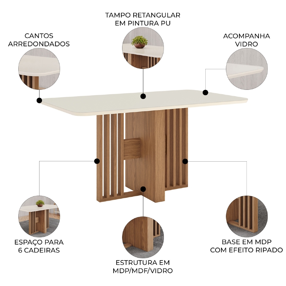 Mesa de Jantar 6 Lugares 160cm Com Vidro Zinia Nature/Off H02 - Mpozenato