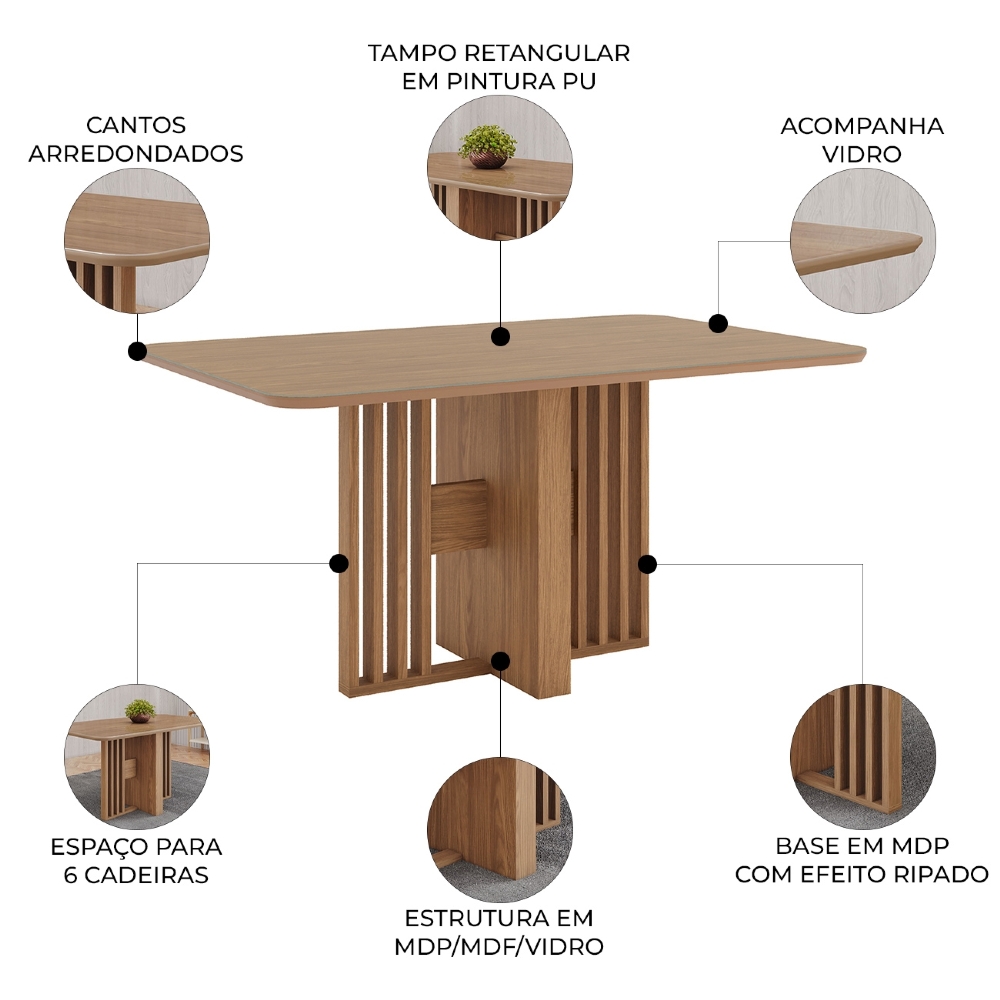 Mesa de Jantar 6 Lugares 160cm Com Vidro Zinia Nature H02 - Mpozenato