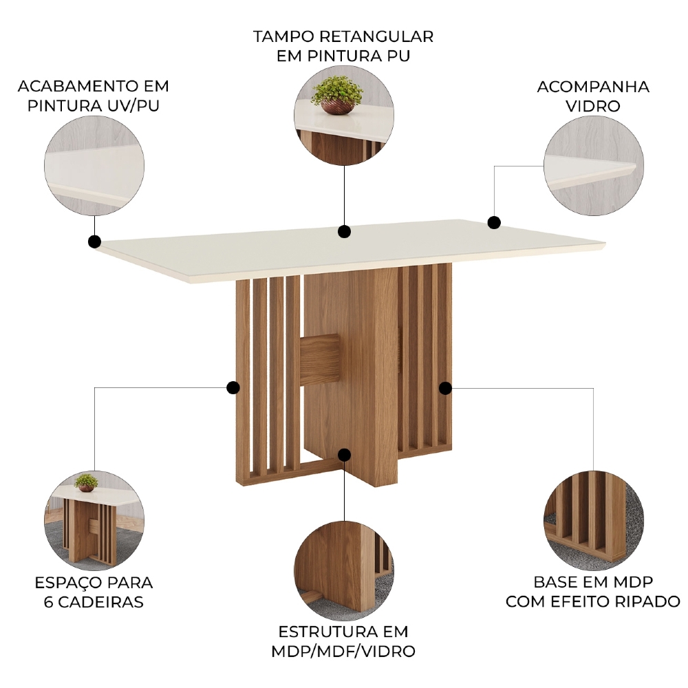 Mesa de Jantar 6 Lugares 160cm Vidro Canto Reto Zinia Nature/Off H02 - Mpozenato