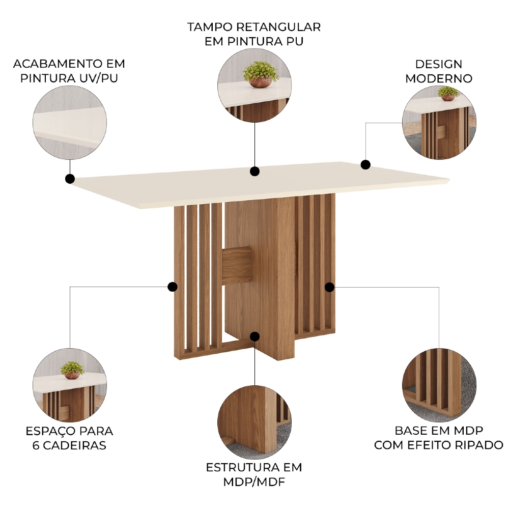 Mesa de Jantar 6 Lugares 160cm Zinia Nature/Off H02 - Mpozenato