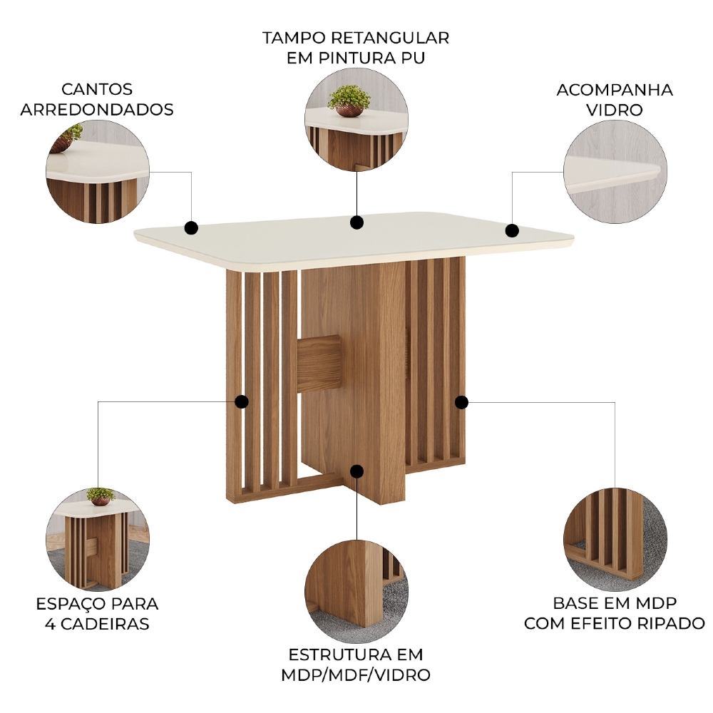 Mesa de Jantar 4 Lugares 120cm Com Vidro Zinia Nature/Off H02 - Mpozenato