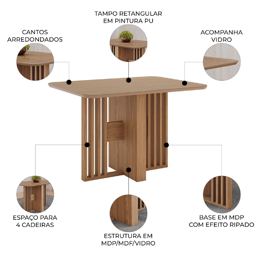 Mesa de Jantar 4 Lugares 120cm Com Vidro Zinia Nature H02 - Mpozenato