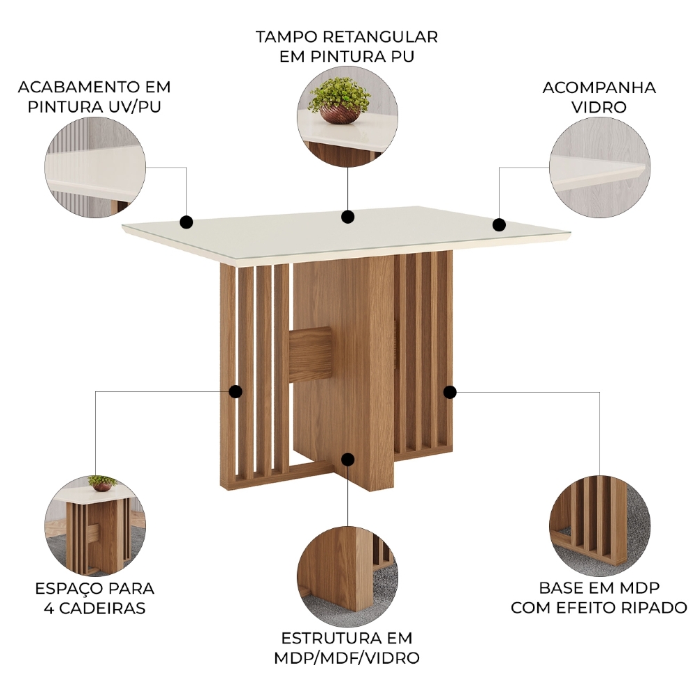 Mesa de Jantar 4 Lugares 120cm Vidro Canto Reto Zinia Nature/Off H02 - Mpozenato