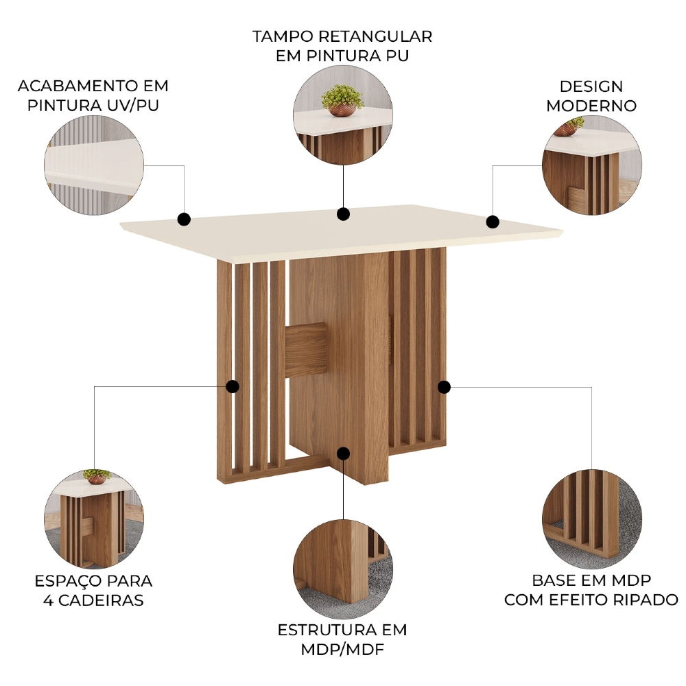 Mesa de Jantar 4 Lugares 120cm Zinia Nature/Off H02 - Mpozenato