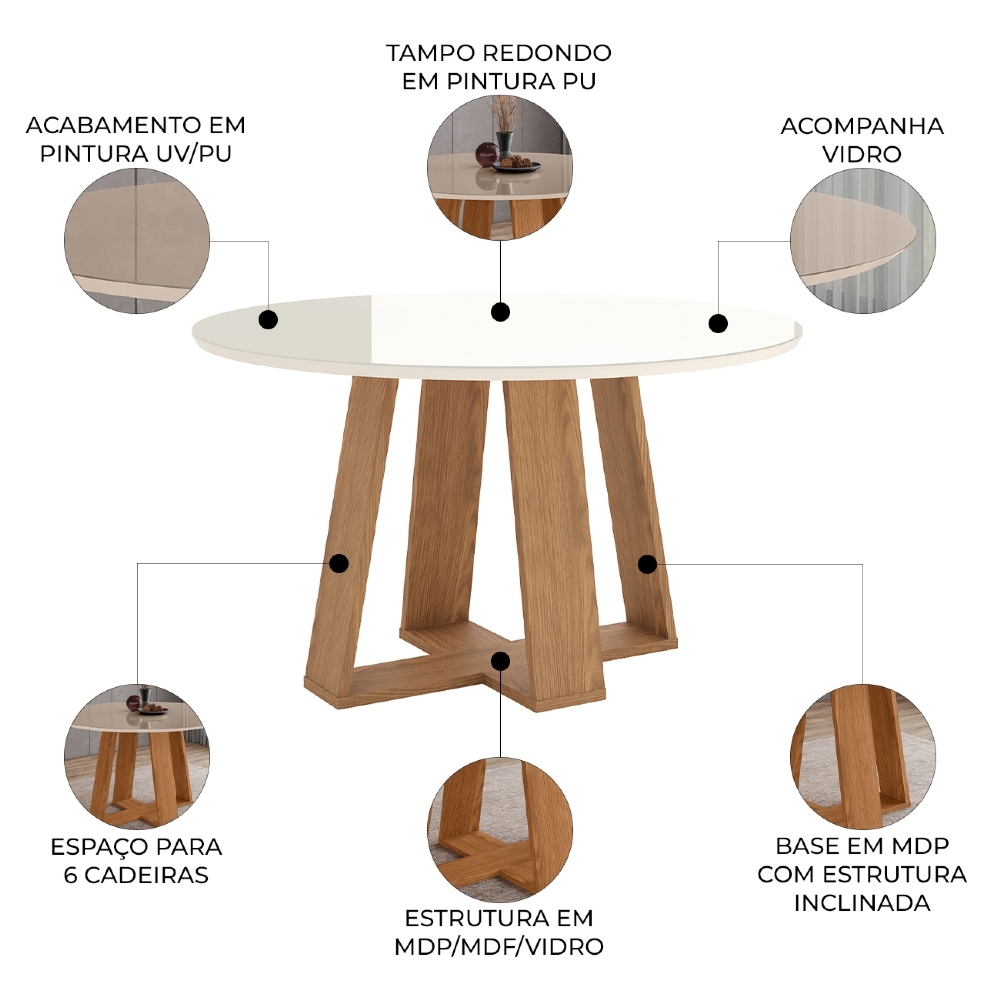 Mesa de Jantar 6 Lugares 140cm Com Vidro Lince Nature/Off H02 - Mpozenato