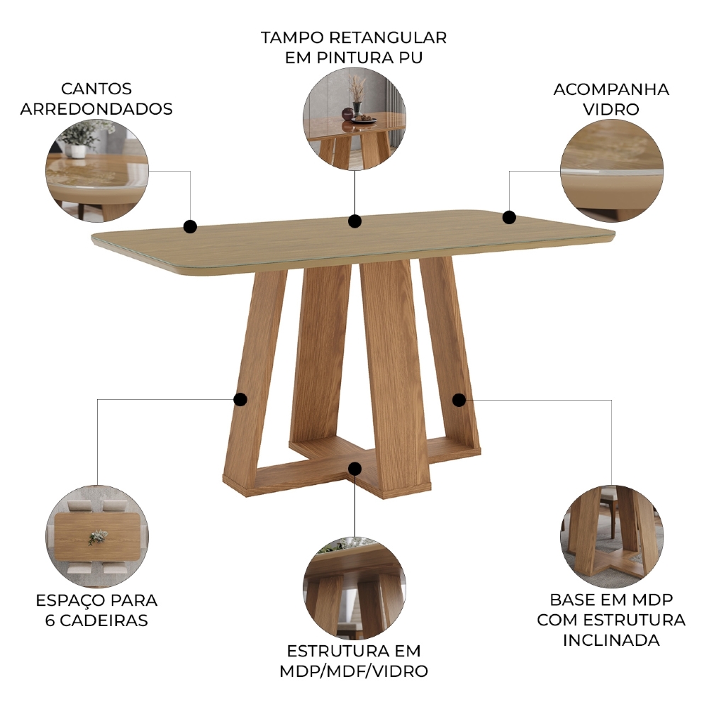 Mesa de Jantar 6 Lugares 160cm Com Vidro Lince Nature H02 - Mpozenato