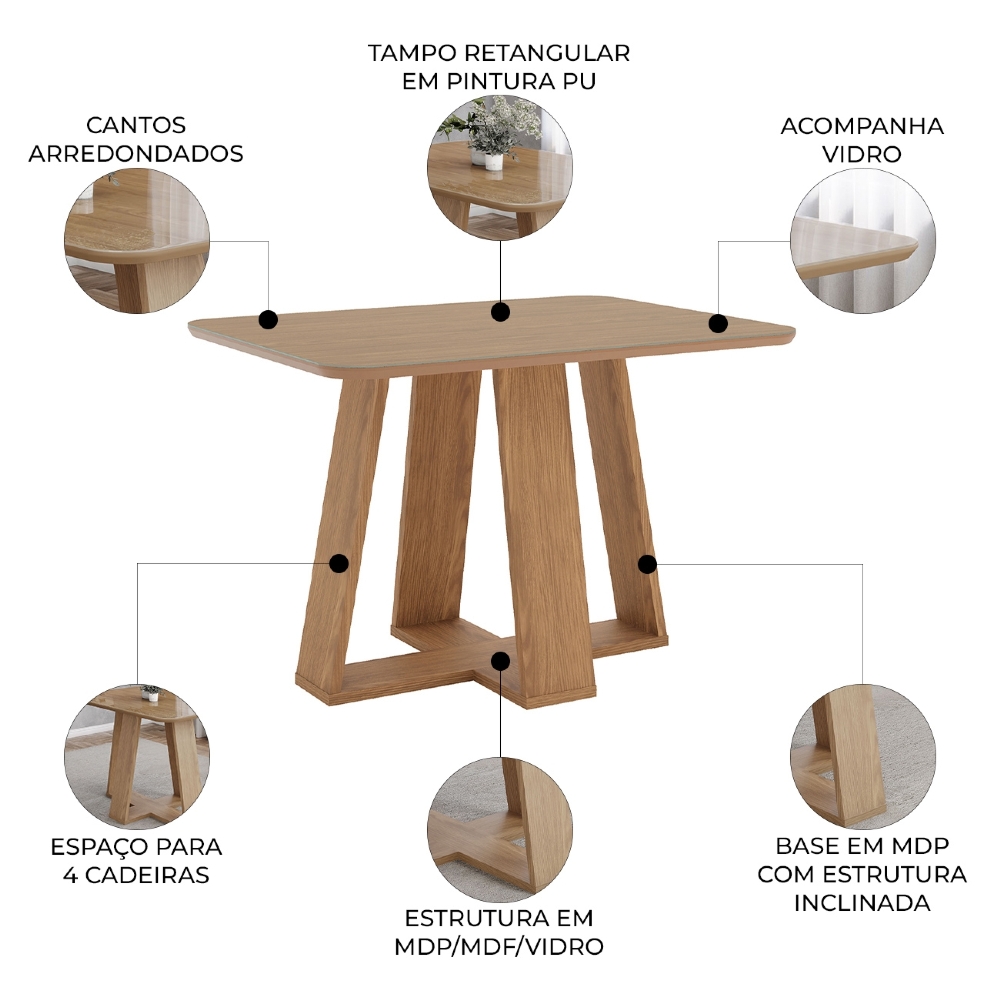 Mesa de Jantar 4 Lugares 120cm Com Vidro Lince Nature H02 - Mpozenato