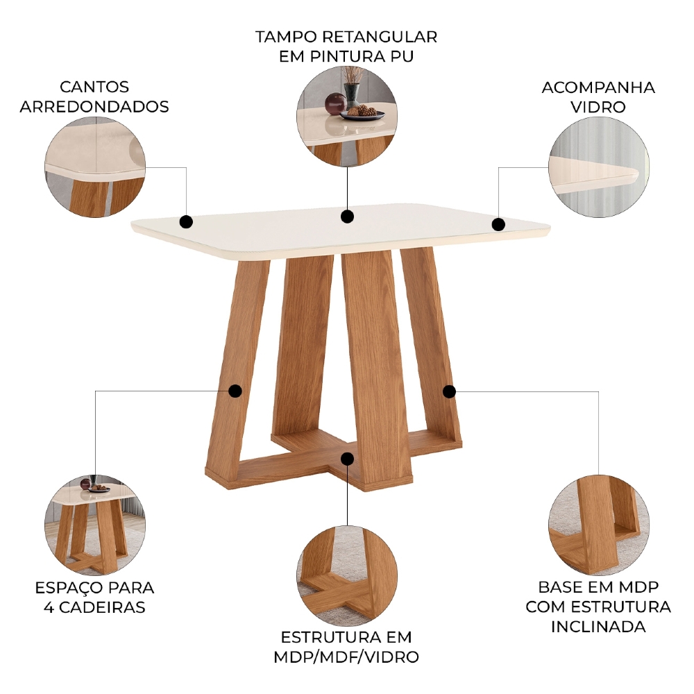 Mesa de Jantar 4 Lugares 120cm Com Vidro Lince Nature/Off H02 - Mpozenato