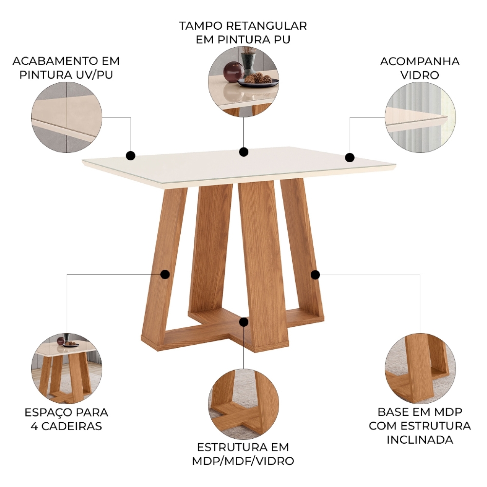Mesa de Jantar 4 Lugares 120cm Vidro Canto Reto Lince Nature/Off H02 - Mpozenato