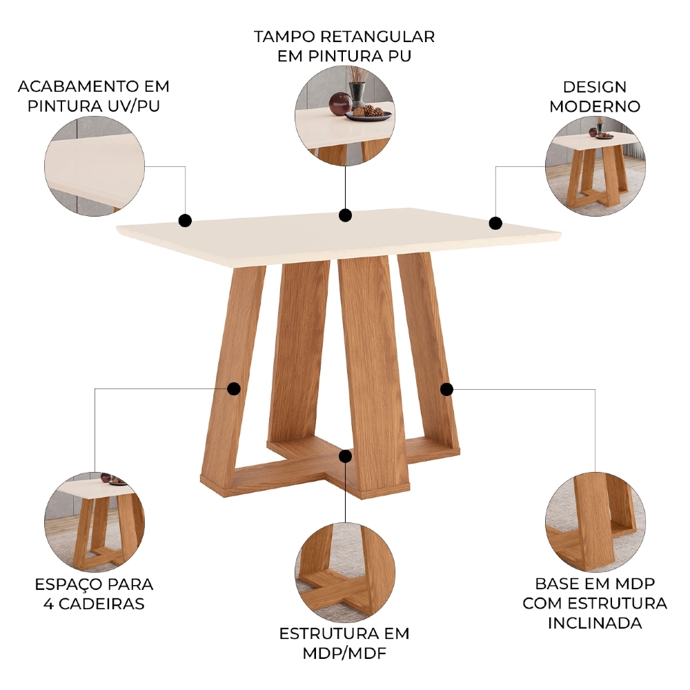 Mesa de Jantar 4 Lugares 120cm Lince Nature/Off H02 - Mpozenato