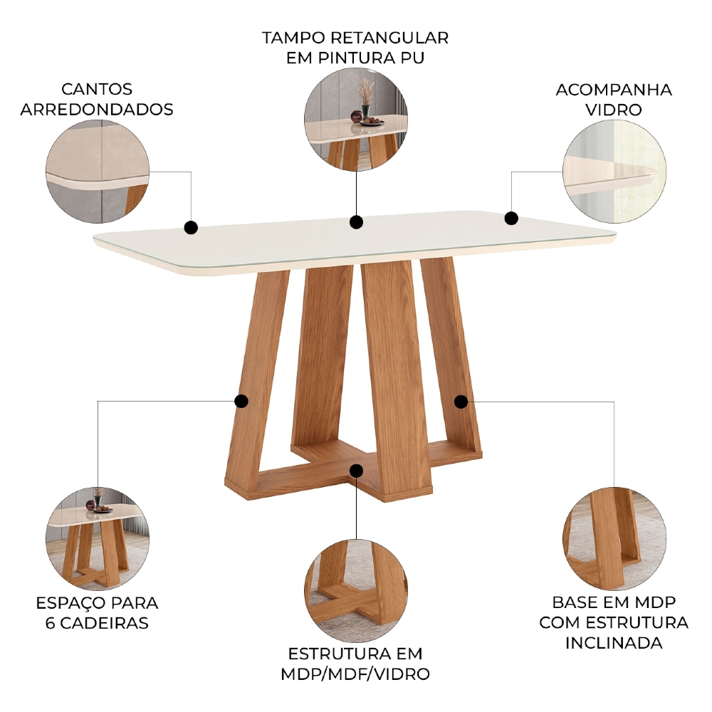 Mesa de Jantar 6 Lugares 160cm Com Vidro Lince Nature/Off H02 - Mpozenato
