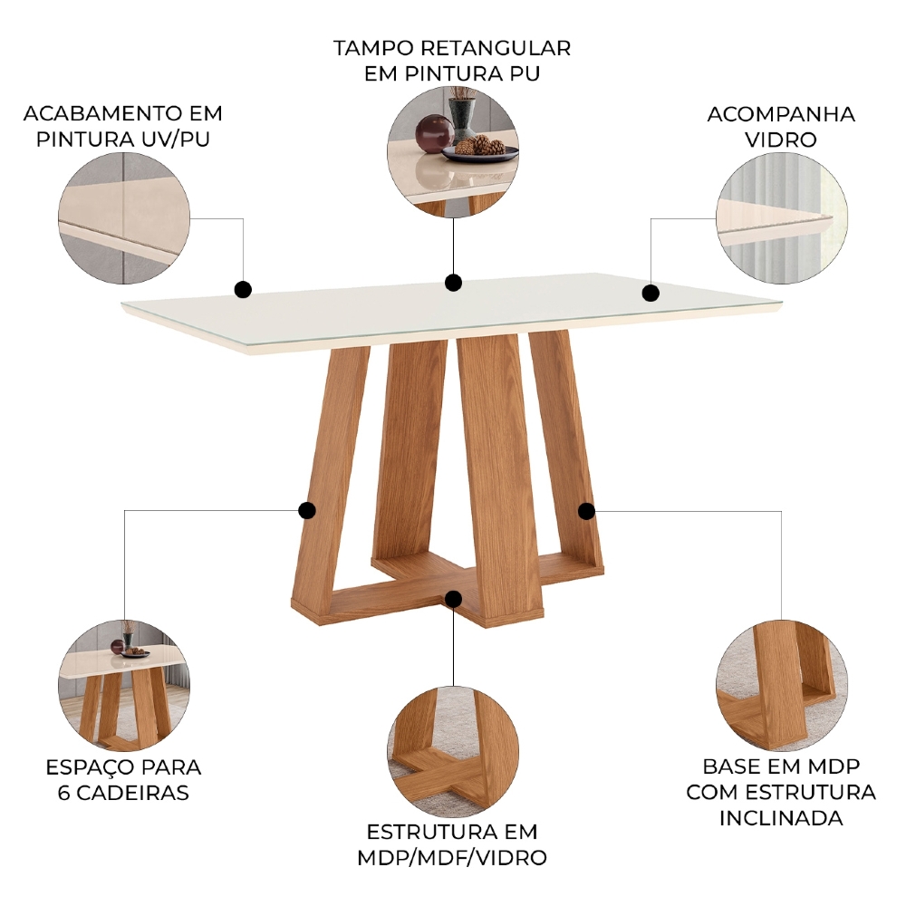 Mesa de Jantar 6 Lugares 160cm Vidro Canto Reto Lince Nature/Off H02 - Mpozenato
