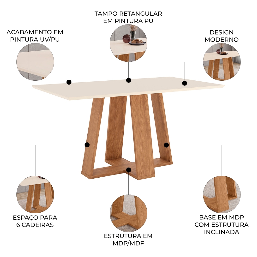 Mesa de Jantar 6 Lugares 160cm Lince Nature/Off H02 - Mpozenato