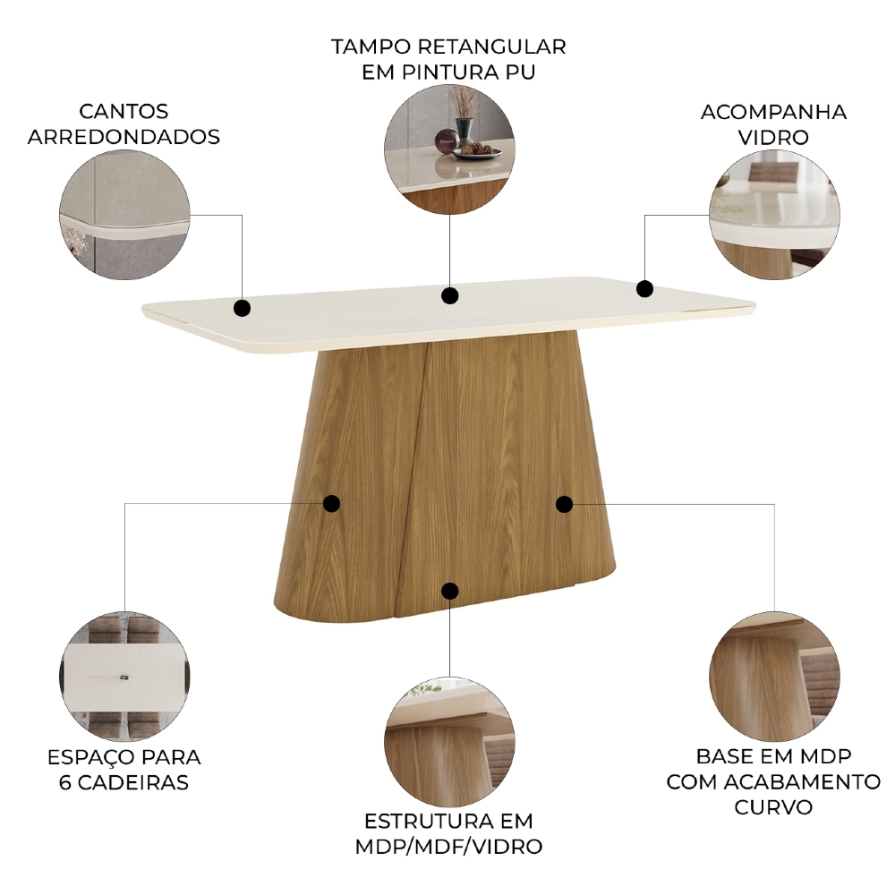 Mesa de Jantar 6 Lugares 160cm Com Vidro Valt Nature/Off H02 - Mpozenato
