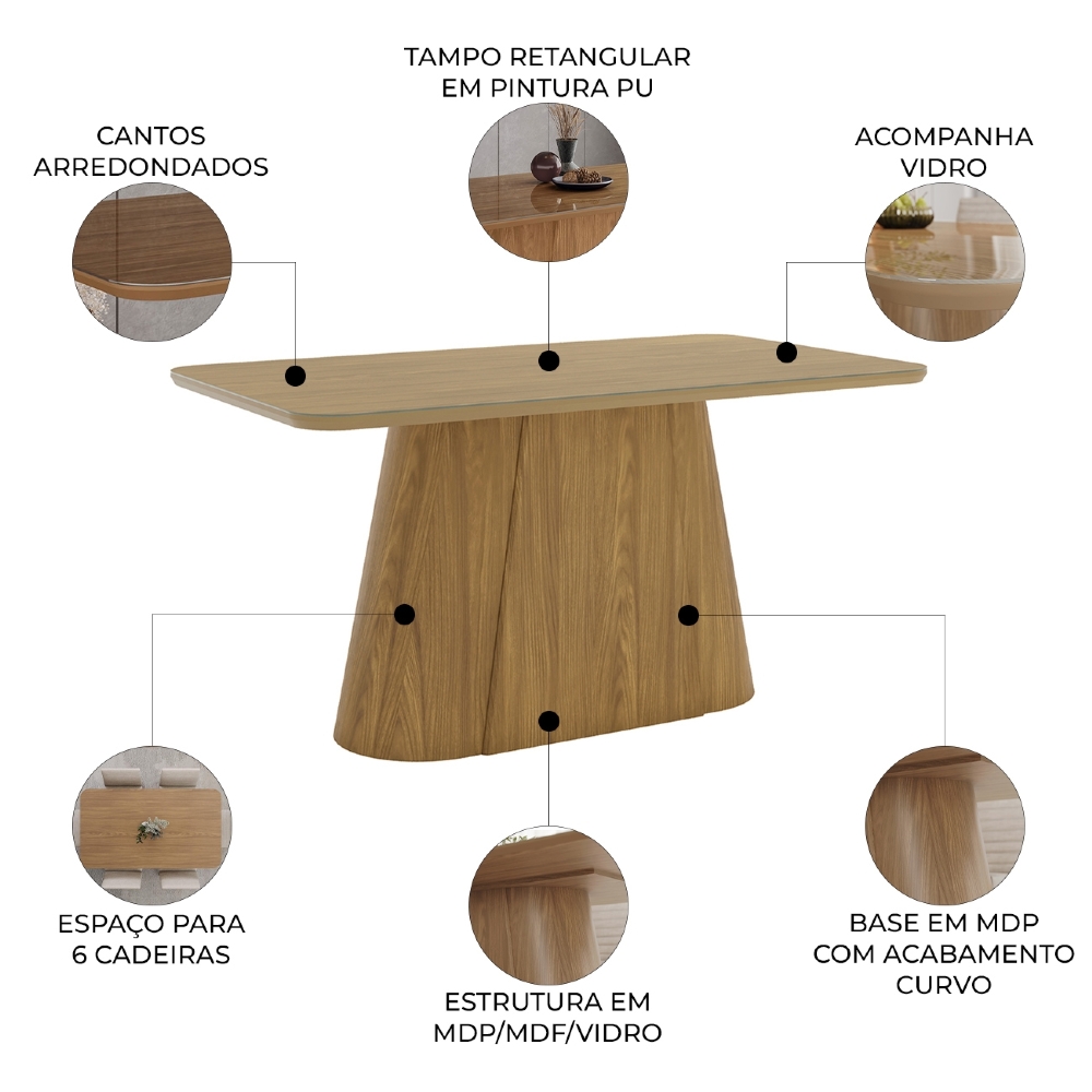 Mesa de Jantar 6 Lugares 160cm Com Vidro Valt Nature H02 - Mpozenato