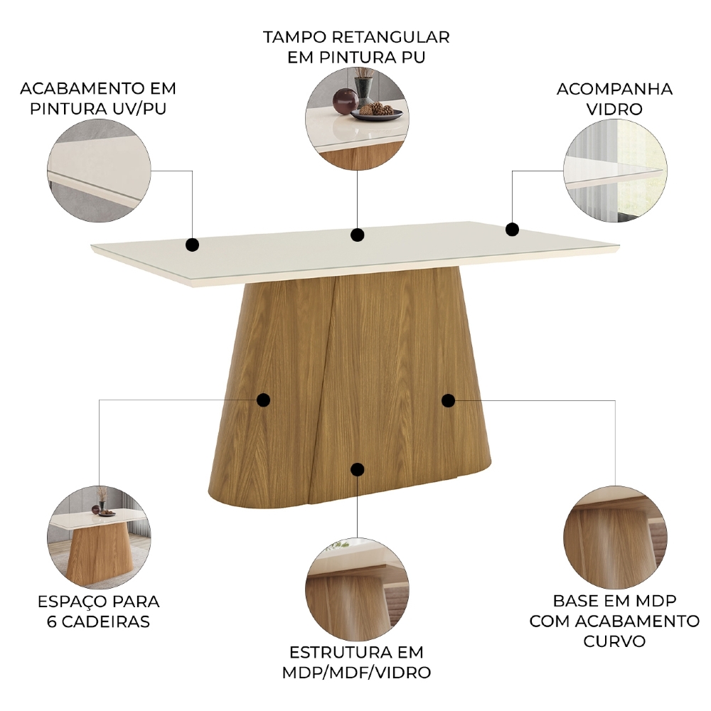 Mesa de Jantar 6 Lugares 160cm Vidro Canto Reto Valt Nature/Off H02 - Mpozenato