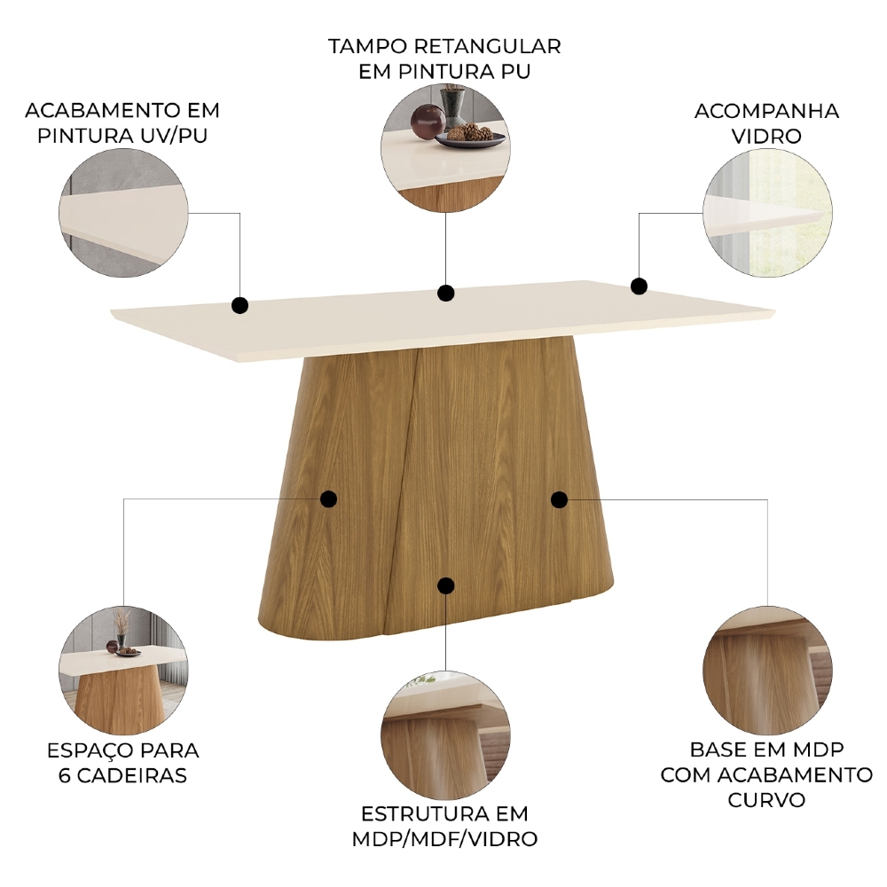 Mesa de Jantar 6 Lugares 160cm Valt Nature/Off H02 - Mpozenato