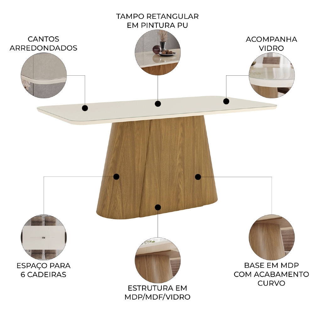 Mesa de Jantar 6 Lugares 180cm Com Vidro Valt Nature/Off H02 - Mpozenato