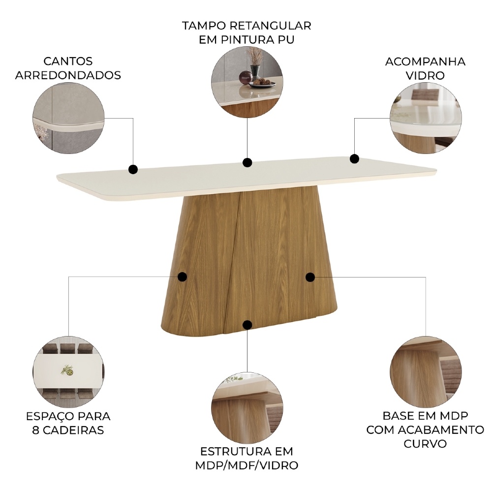 Mesa de Jantar 8 Lugares 200cm Com Vidro Valt Nature/Off H02 - Mpozenato