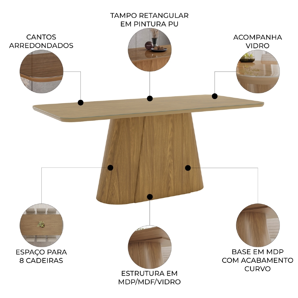 Mesa de Jantar 8 Lugares 200cm Com Vidro Valt Nature H02 - Mpozenato