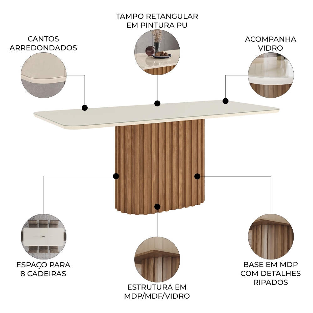 Mesa de Jantar 8 Lugares 200cm Com Vidro Clarice Nature/Off H02 - Mpozenato