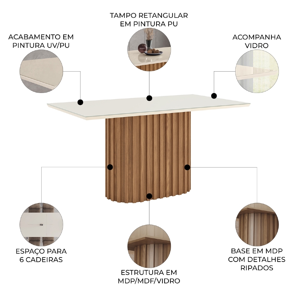 Mesa de Jantar 6 Lugares 160cm Vidro Canto Reto Clarice Nature/Off H02 - Mpozenato
